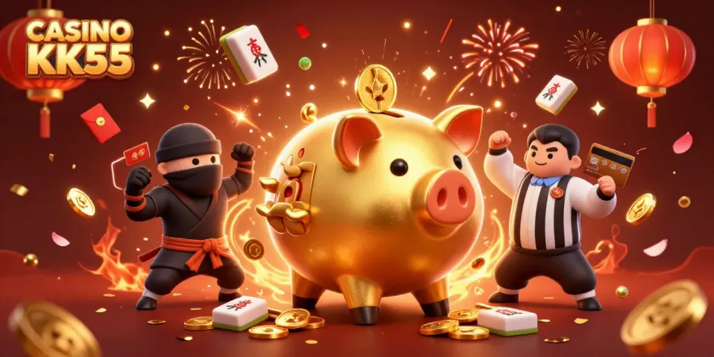 Experience the thrill of winning with CASINO KK55, featuring dynamic characters and festive gambling elements.