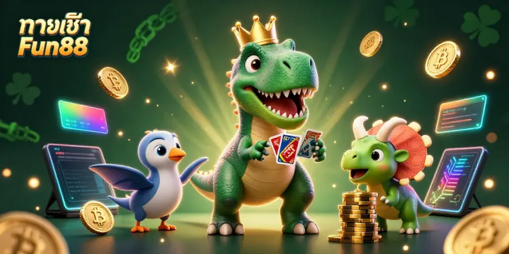 Engage with ทางเข้า Fun88 at the animated casino scene featuring a T-Rex shuffling cards.