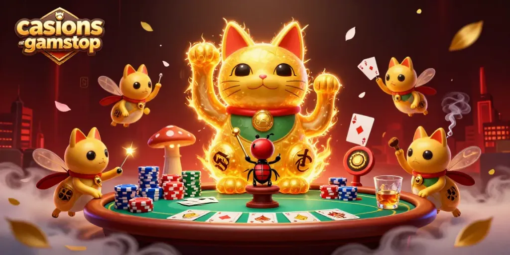 Experience the charm of casinos not on gamstop with a lucky cat formed by golden fireflies.