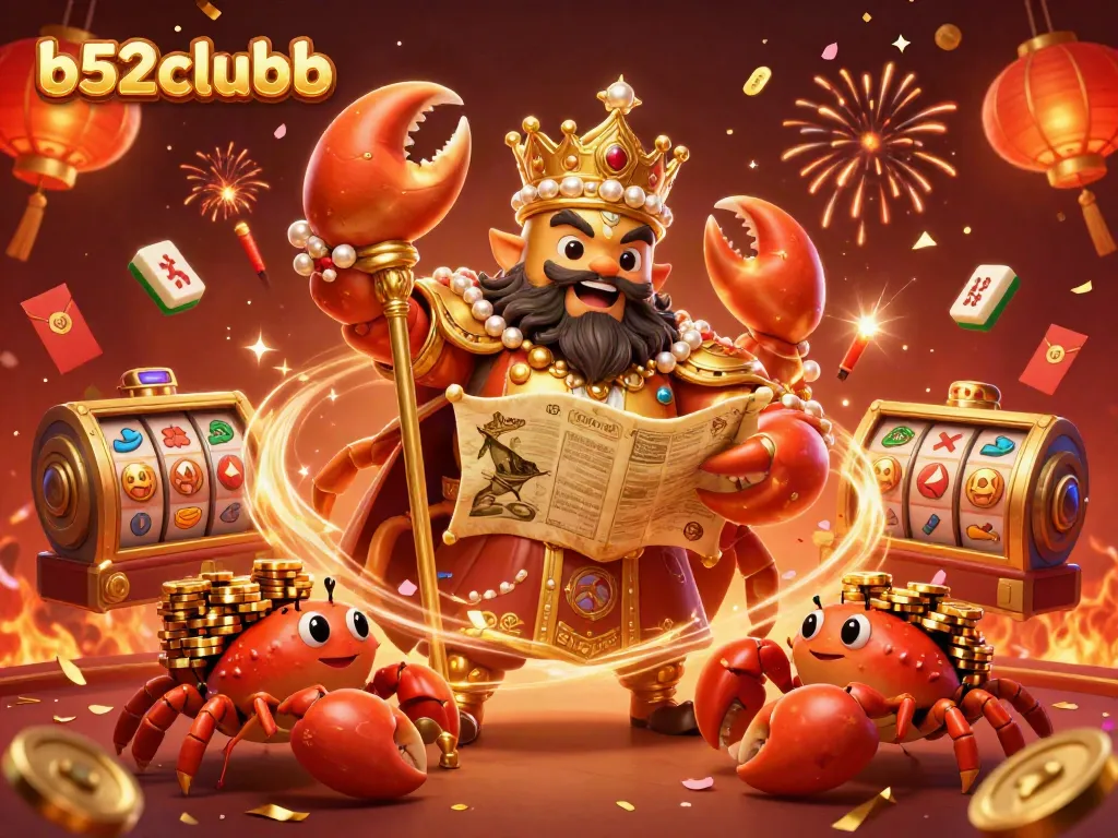 Engage with b52clubb's vibrant casino scene featuring a golden crab and colorful slot game elements.