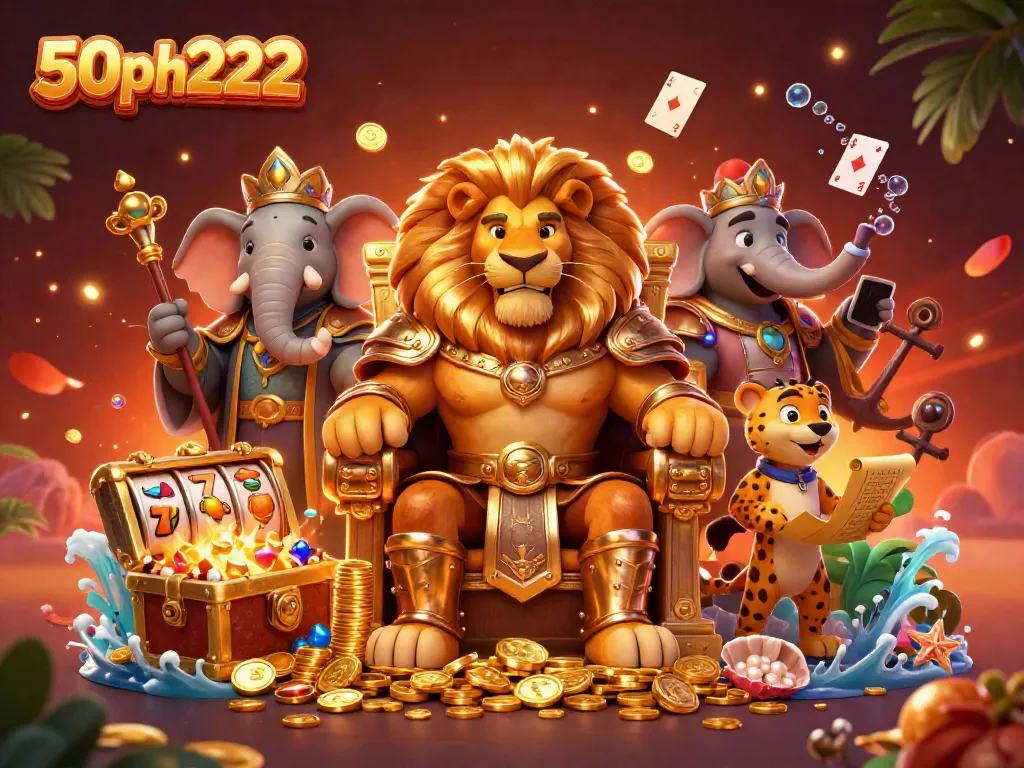 Witness an epic scene with 50ph222 featuring a lion king, wise elephant, and swift cheetah amidst vibrant casino elements.