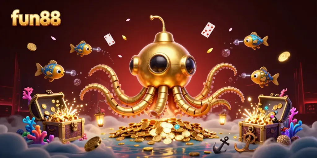 Experience thrilling fun88 gameplay with a vibrant 3D kraken surfacing among gold coins.