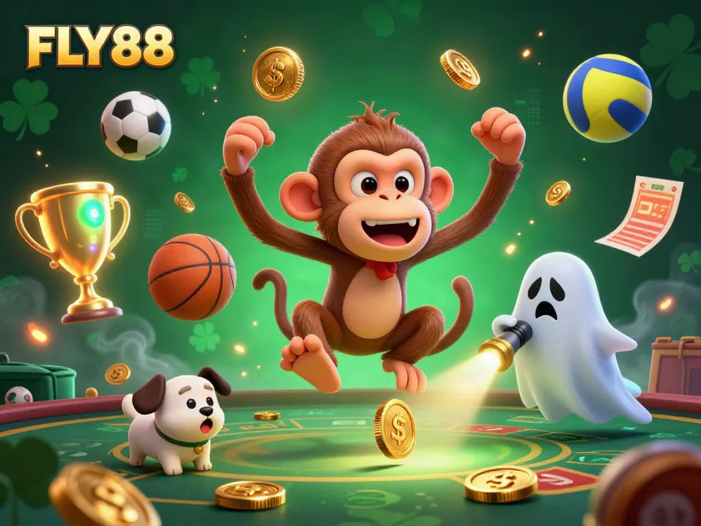 Engage with thrilling gaming action at FLY88 featuring a playful poltergeist monkey and ghost-hunter puppy.