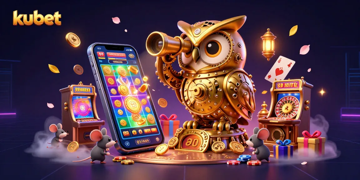 Kubet casino scene showing a golden owl and tiny mice exploring slot machines with vibrant gaming elements.