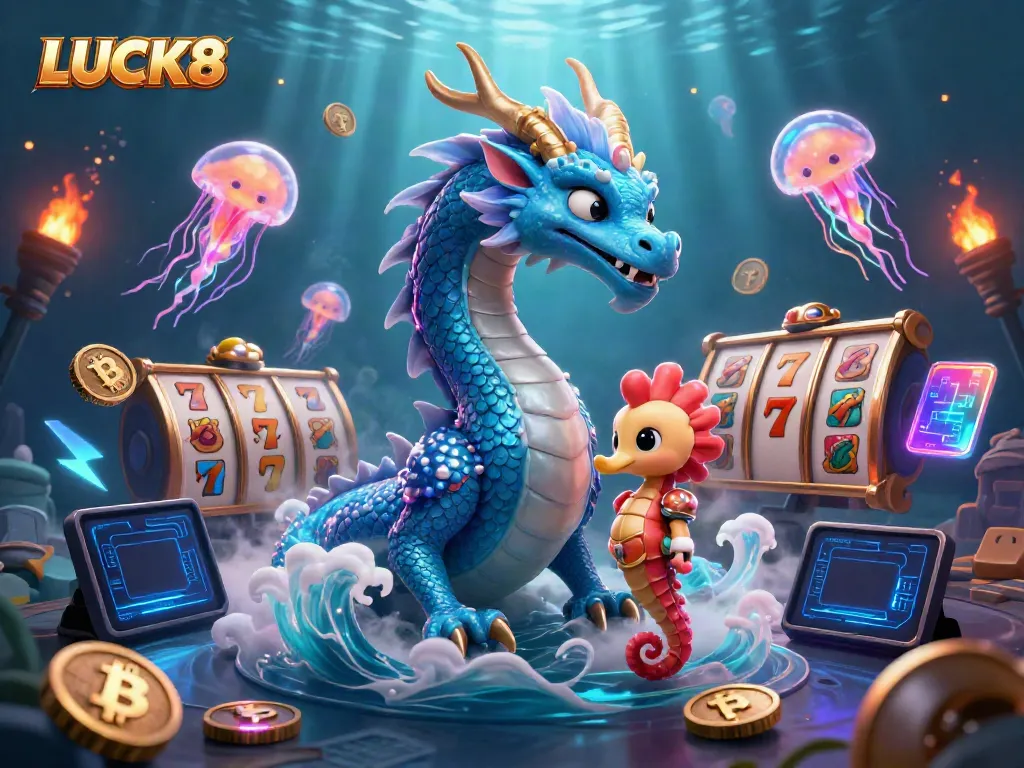 LUCK8 captivates with a 3D illustration of a dragon, seahorse, and jellyfish among slot reels and crypto coins.