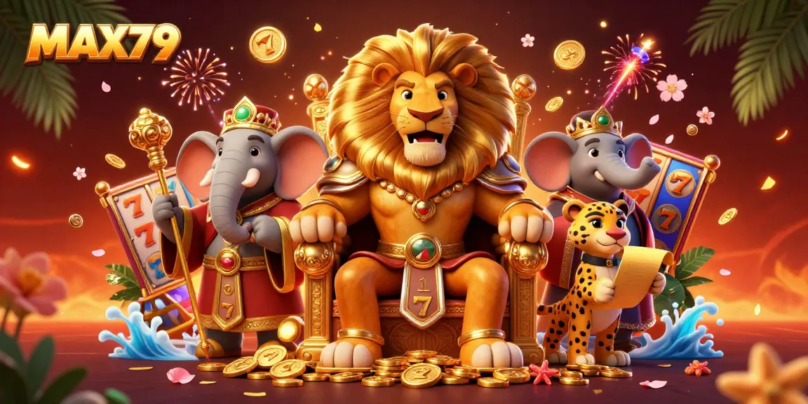 Engage in thrilling gameplay at MAX79 with a dynamic scene of majestic characters and vibrant slots.