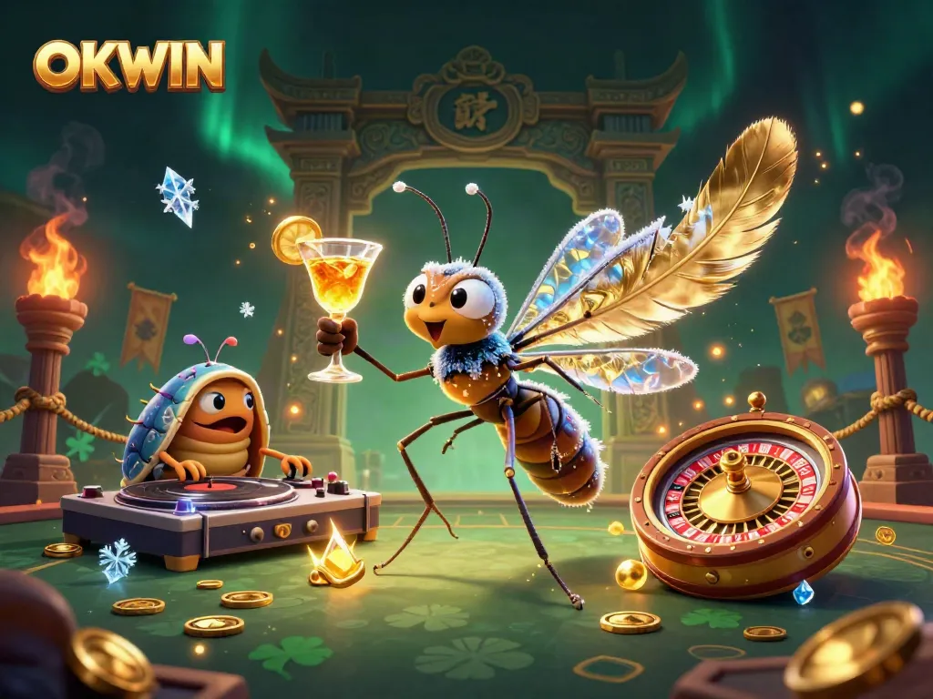 Experience excitement with OKWIN in this dynamic casino scene featuring a golden cocktail and a trilobite DJ.