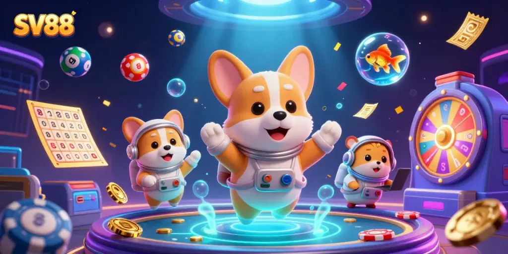 SV88 presents a vibrant casino scene with a floating astronaut corgi and colorful lottery elements.