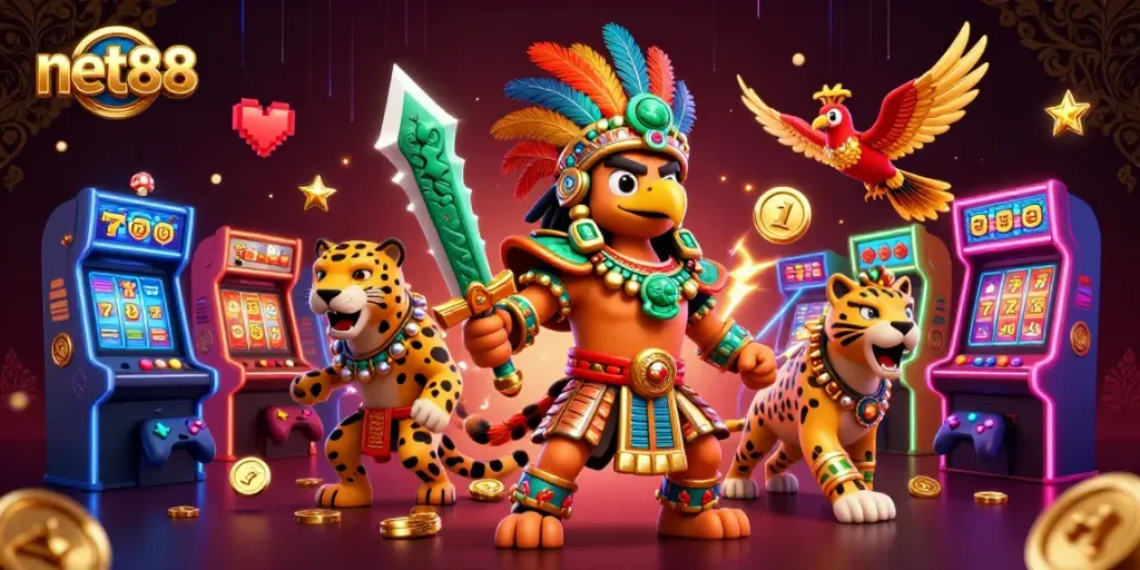Engage with net88's gaming world, featuring casino warriors and vibrant gaming elements.