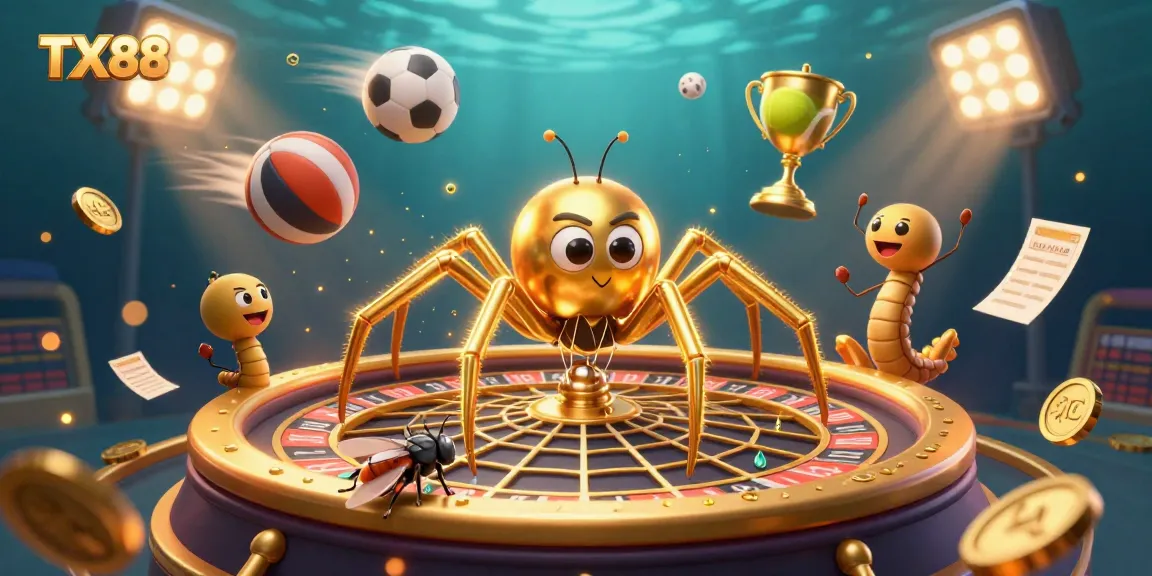 Place bets in the TX88 roulette scene with a golden spider and centipede croupier.
