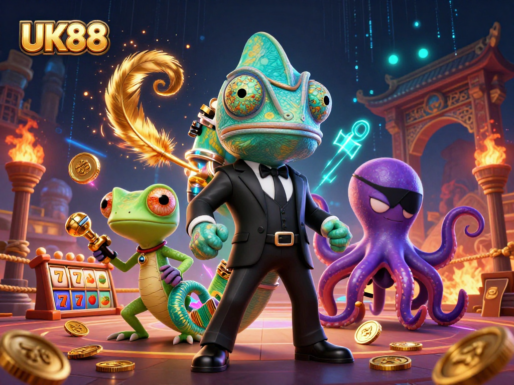 Join the action with UK88 as you spin slot reels in a vibrant casino scene.