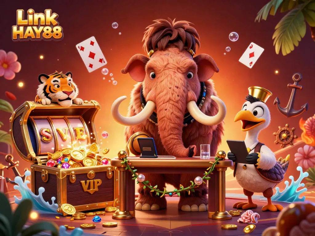 Experience the vibrant casino scene featuring Link HAY88 with a mammoth bouncer, saber-tooth tiger, and treasure elements.