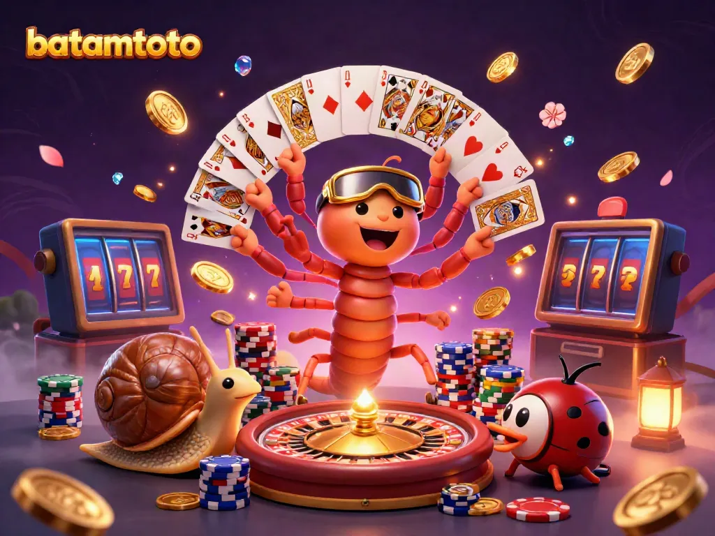 Engage with batamtoto at a lively casino featuring a unique cartoon dealer and vibrant game elements.
