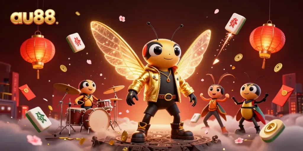 Experience the excitement of au88 with a vibrant 3D casino illustration of a cicada rock star and dynamic elements.