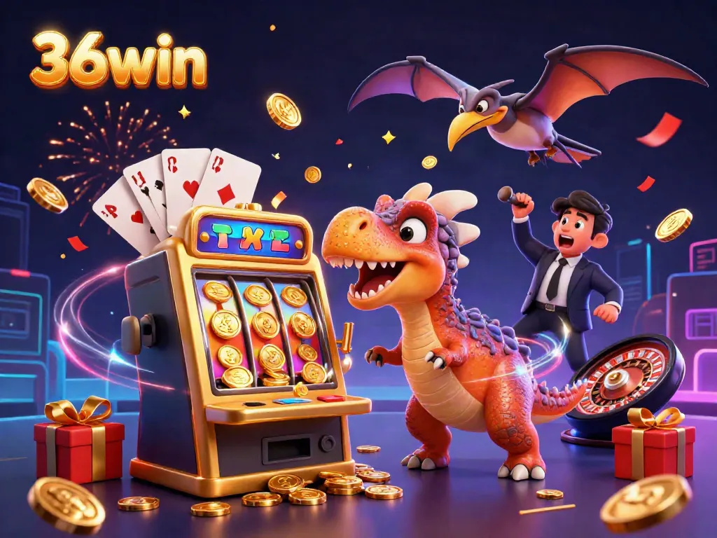 36win offers a thrilling jackpot experience with animated characters celebrating winning spins.