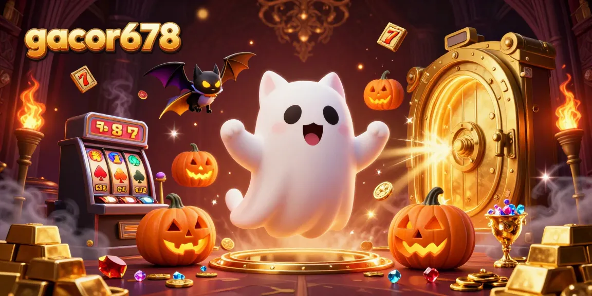 Experience wins with gacor678 in a vibrant haunted casino scene featuring playful characters.