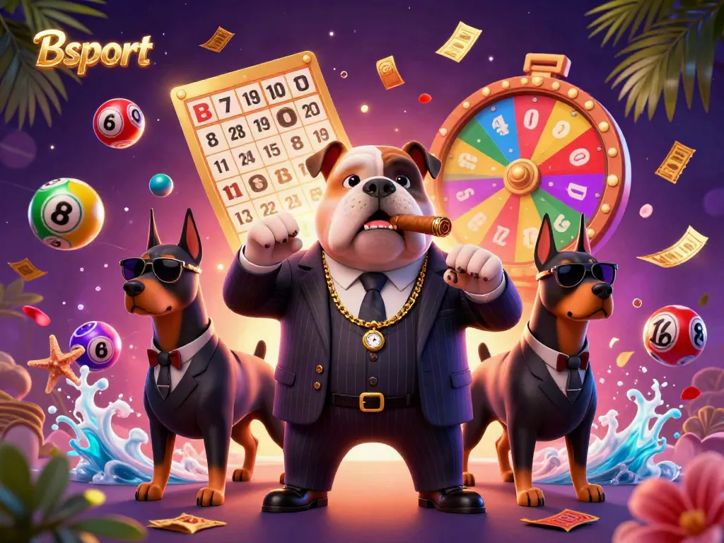 Play thrilling games at Bsport with a dynamic scene of cartoon mafia characters and vibrant lottery elements.