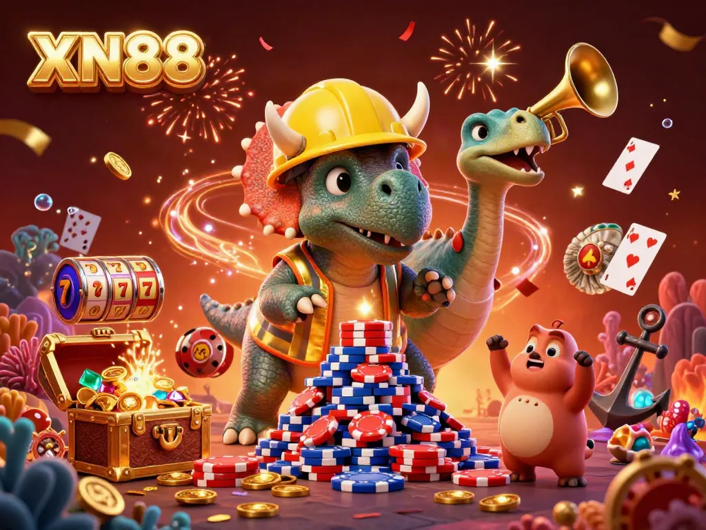 Experience the fun of XN88 with a vibrant 3D scene of animated dinosaurs building poker chip towers.