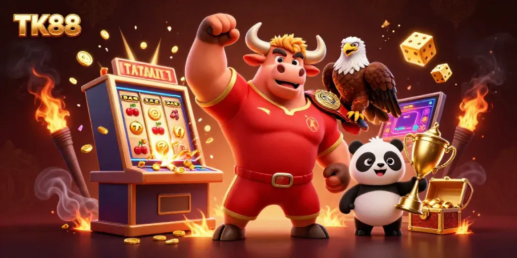 Experience the excitement of TK88 with a bull mascot celebrating a jackpot alongside an eagle and panda.