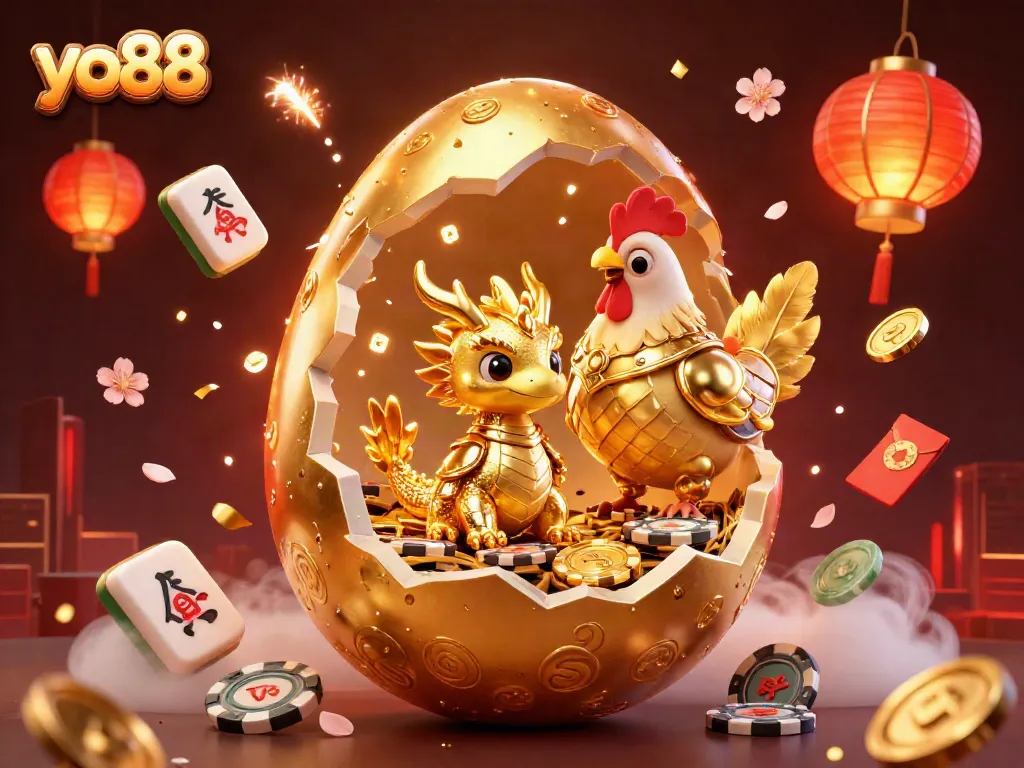 Experience thrilling gameplay at yo88 with a captivating 3D illustration of a golden egg and dragon.
