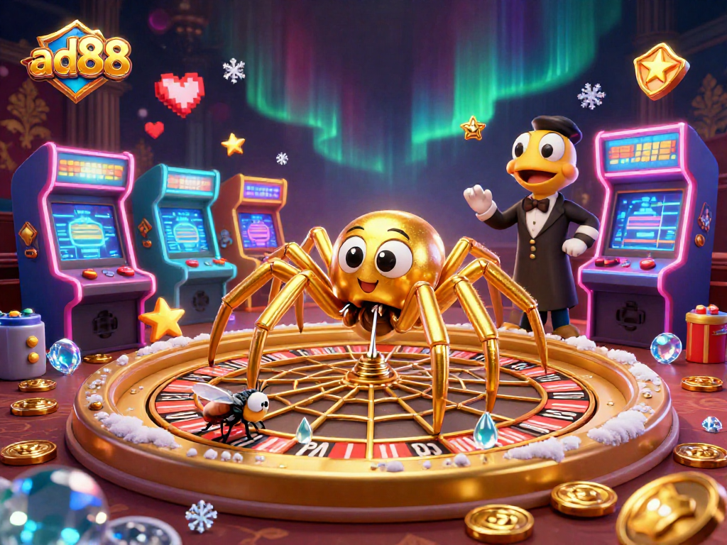 Experience thrilling bets at ad88 with a golden roulette web, as a centipede croupier oversees the game.