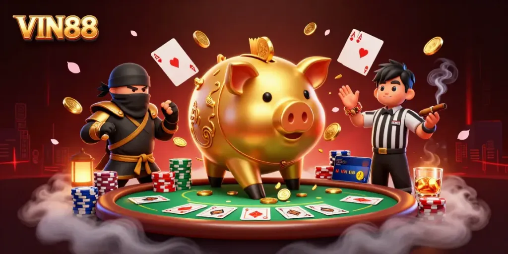 Experience thrilling action at VIN88 with a sumo wrestler piggy bank amidst poker games and vibrant casino elements.