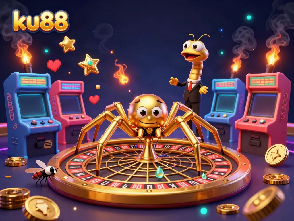 ku88 highlights a 3D spider with roulette wheel web in an engaging casino scene.