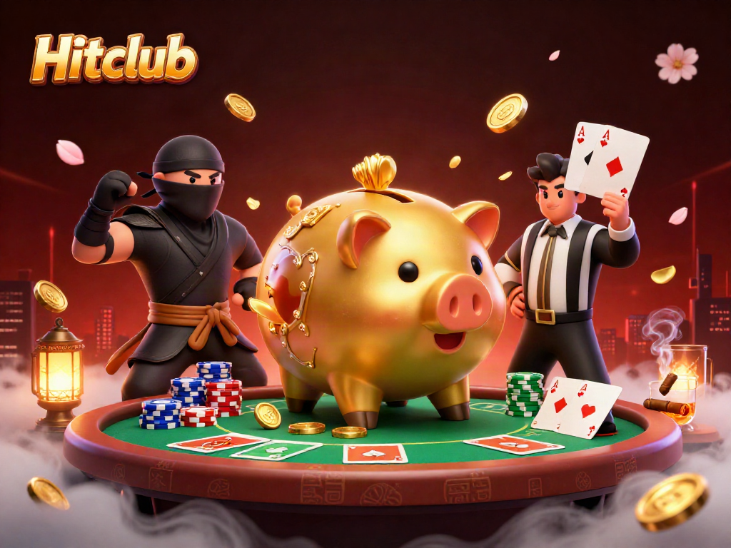 Hitclub showcases a vibrant scene of animated casino action featuring a piggy bank wrestler.