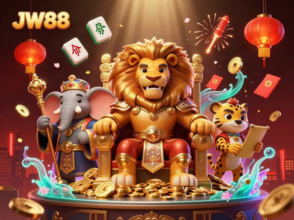 Experience the royal gaming atmosphere of JW88 with the majestic lion king and dynamic characters.