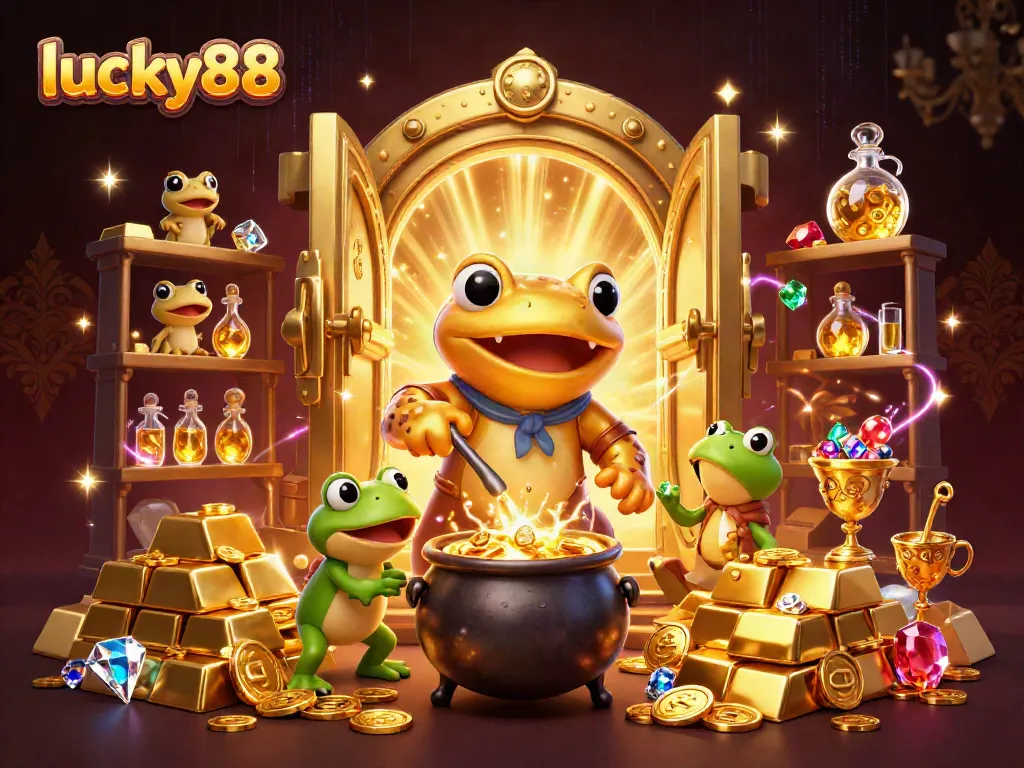 Experience the magic of lucky88 as golden coins flow from an alchemist's cauldron, surrounded by treasures.