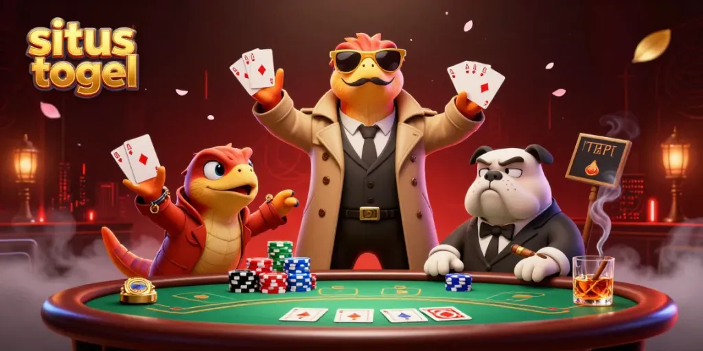 Raptors disguised as a tall person attempt entry to a VIP casino, showcasing the vibrant situs togel atmosphere.