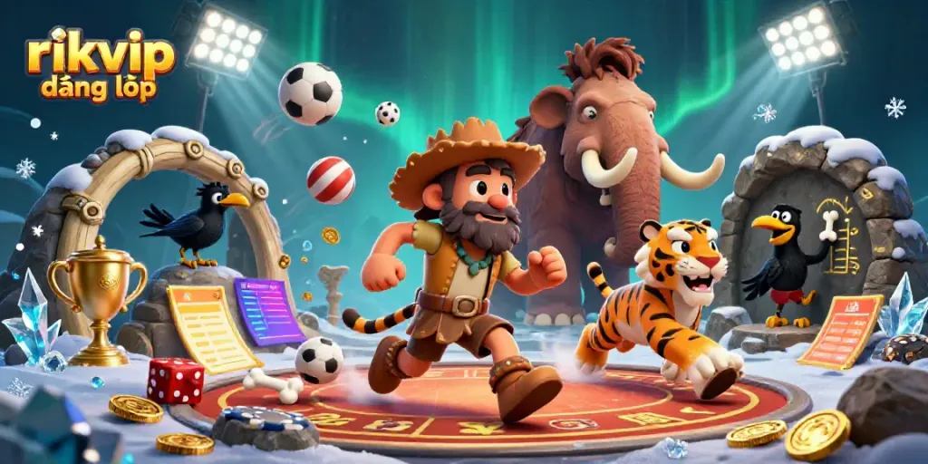 Experience excitement with rikvip đăng nhập as characters engage in thrilling prehistoric casino games.