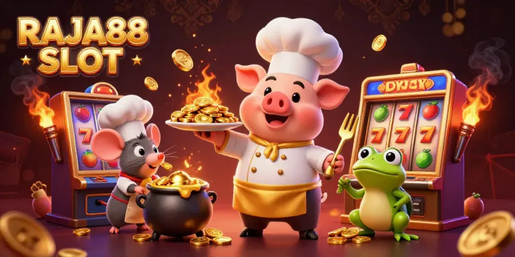 Engage with RAJA88 SLOT featuring a whimsical 3D scene of a chef pig serving gold coins, enhancing a playful casino atmosphere.