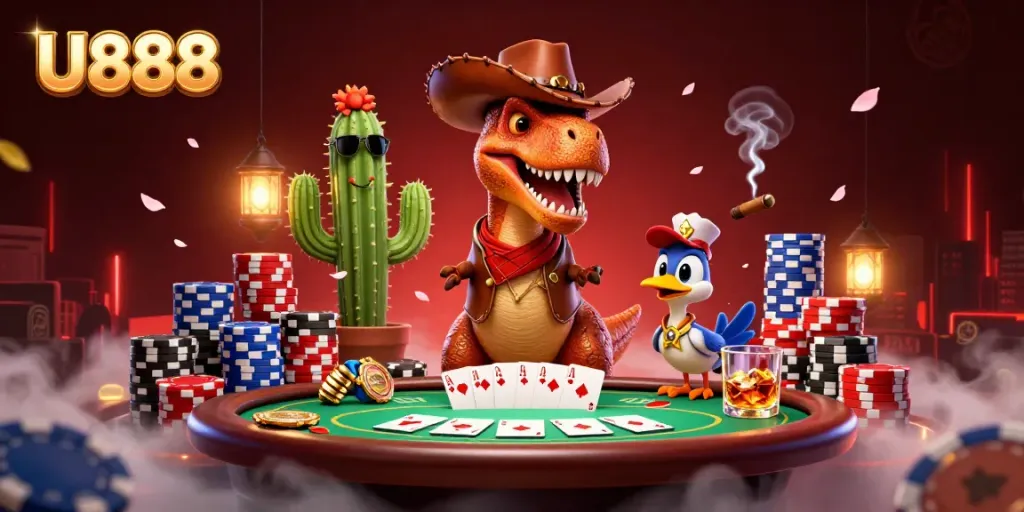 U888 casino scene featuring a T-Rex cowboy dinosaur and poker elements with vibrant colors and dynamic poker action.