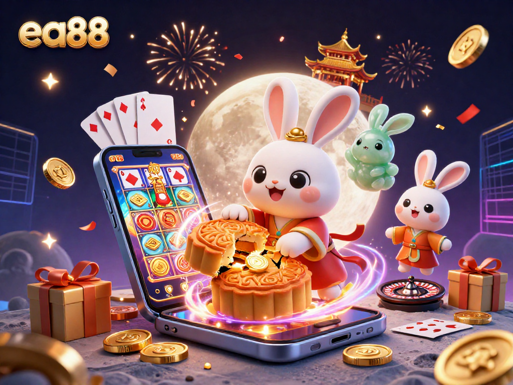 Engage with exciting casino games at ea88 featuring a festive 3D moon rabbit and vibrant gambling elements.