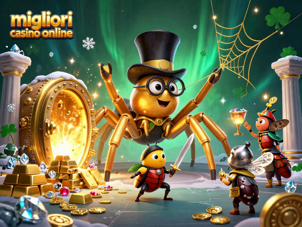 I migliori casino online presentano un'illustrazione vivace con una tarantola d'oro e un cavaliere in armatura che combattono tra le pile di tesori.