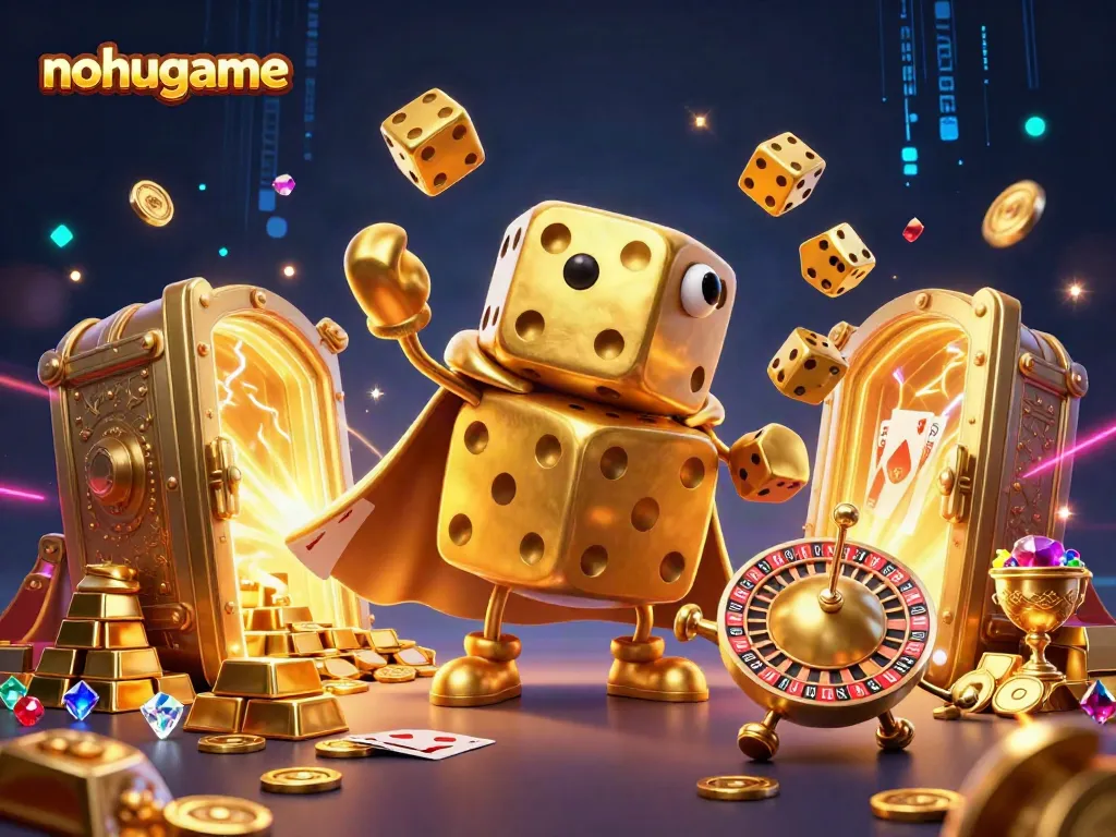 Watch a massive golden dice golem juggling while surrounded by treasures at nohugame.