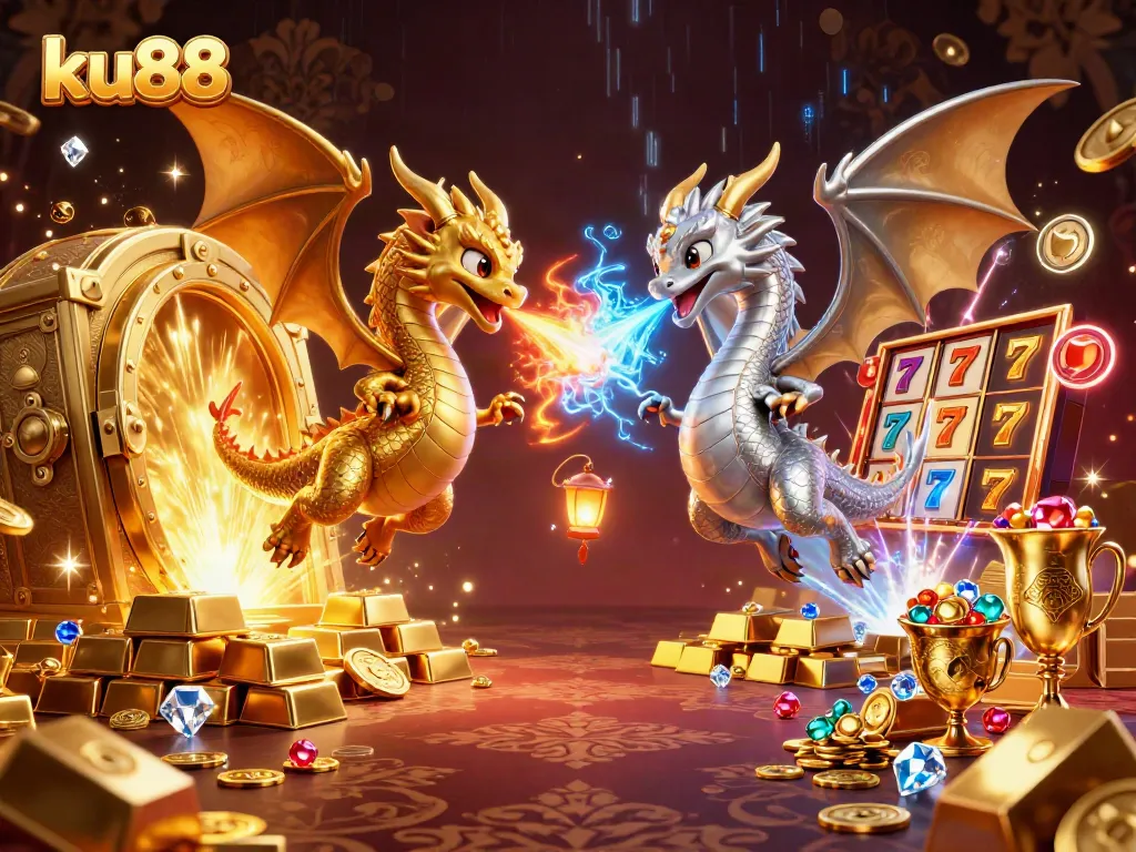 Experience thrilling moments at ku88 with dynamic dragons guarding treasures in a vibrant casino scene.