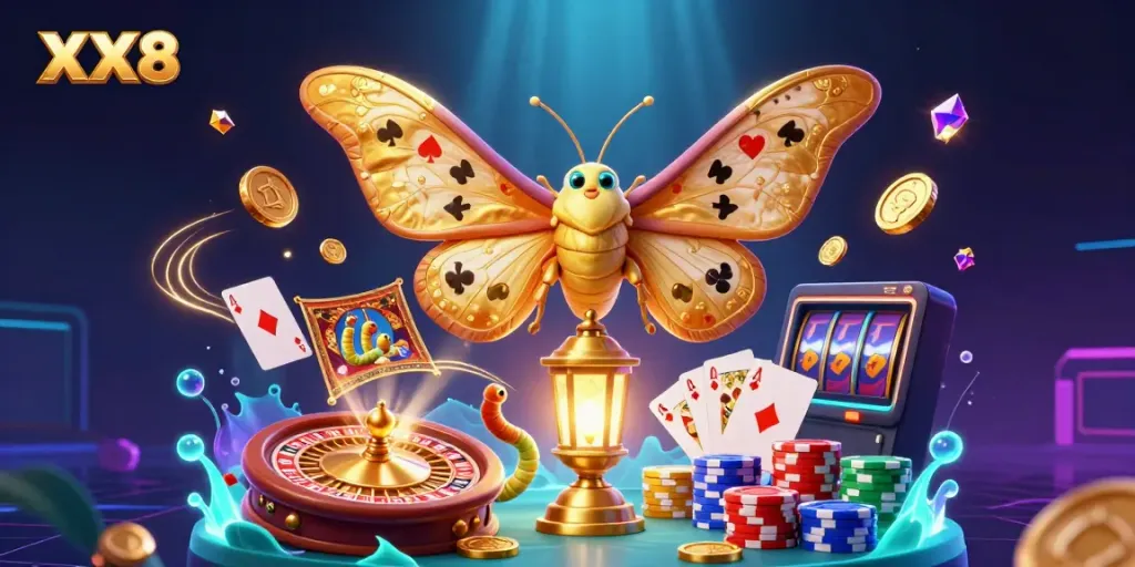 Engage in thrilling casino action with the vibrant XX8 illustration featuring cards, chips, and a majestic atlas moth.