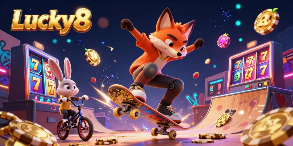 Experience the thrill of Lucky8 as a fox skater performs stunts over golden poker chips amidst vibrant casino imagery.