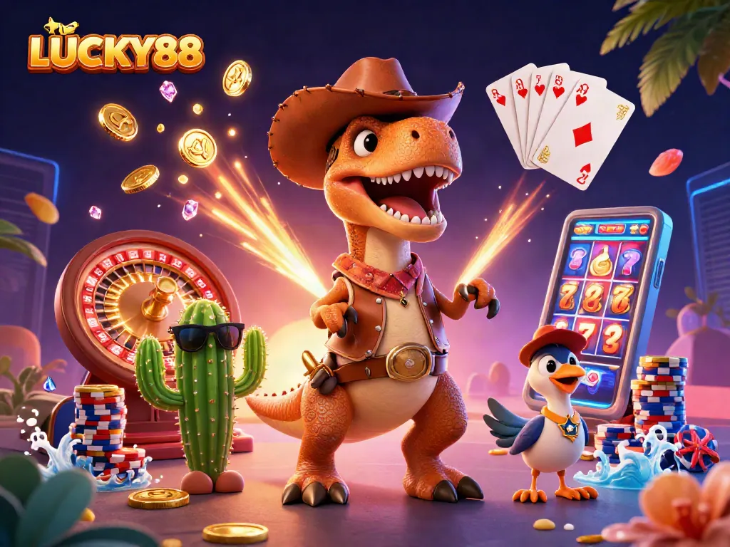 Experience exciting gameplay with LUCKY88 as a cartoon T-Rex and friends surround a dynamic casino scene