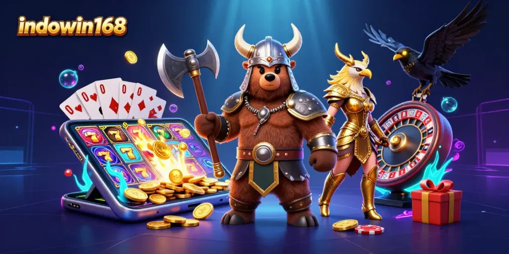 Play immersive slots with indowin168 alongside a Viking bear and Valkyrie eagle in a vibrant casino scene.