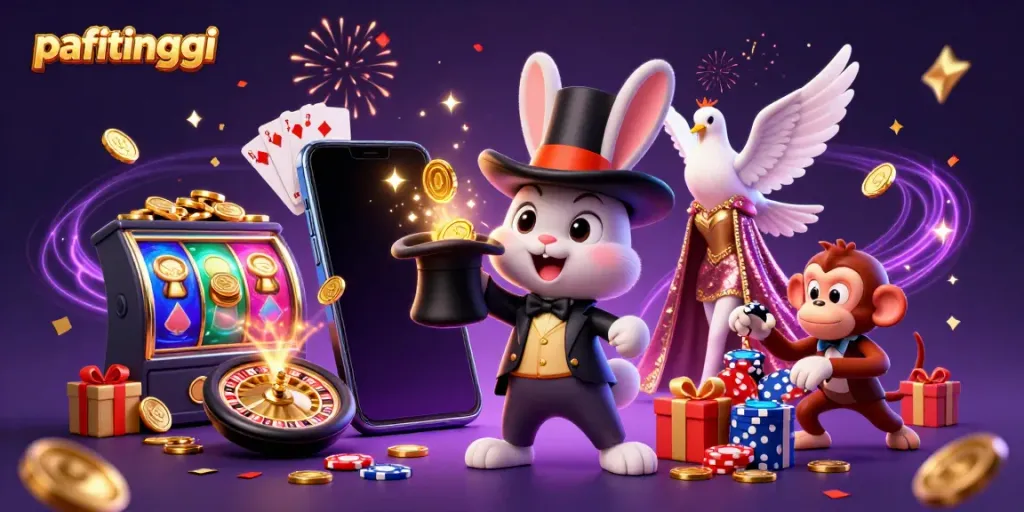 permainan slot menarik di pafitinggi yang menampilkan karakter kartun, koin emas, dan elemen kasino lainnya