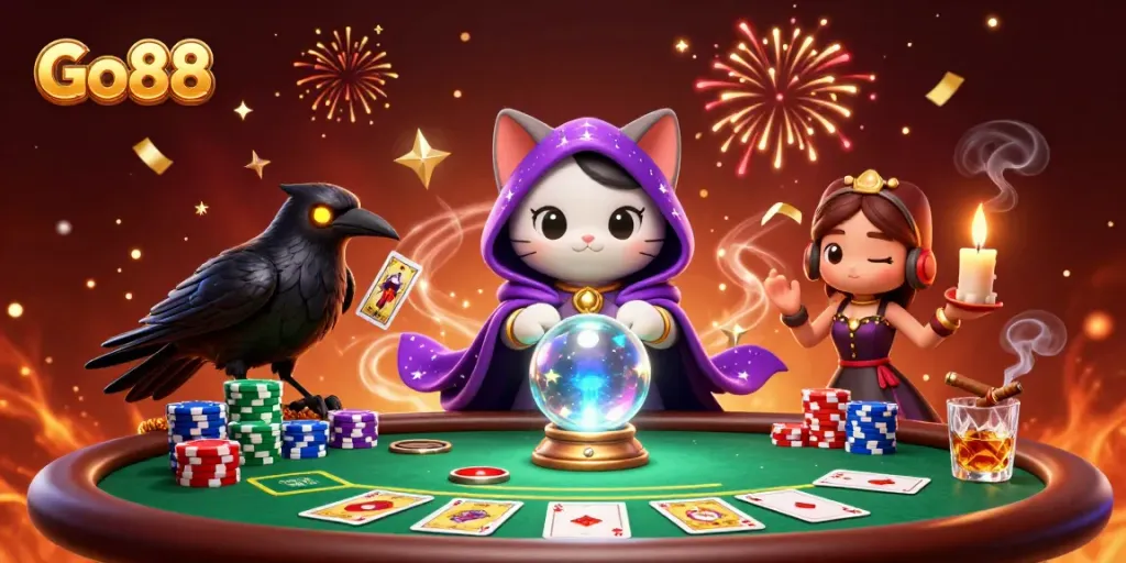 Experience thrilling games at Go88 with a mystic cat and poker atmosphere.