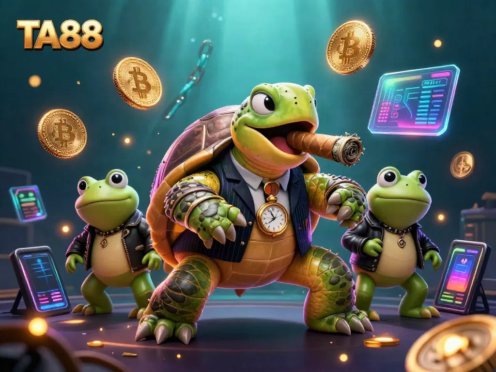 Experience thrilling wins at TA88 with a vibrant casino scene featuring a massive mobster turtle and bullfrog enforcers.