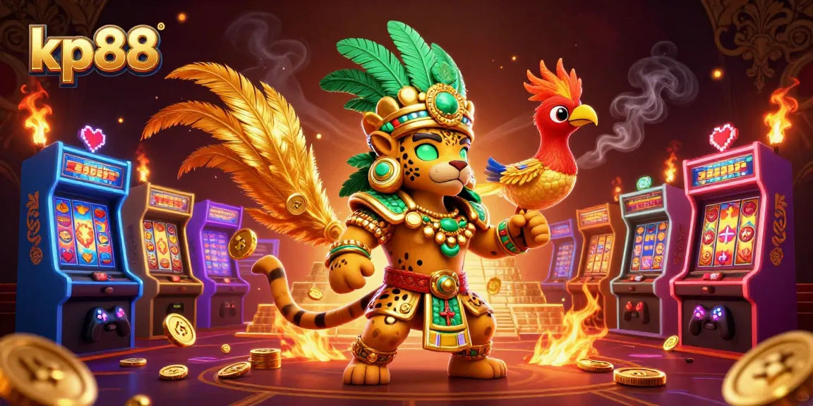 Experience kp88 excitement with a vibrant, dynamic illustration featuring slot reels and a Mayan jaguar.