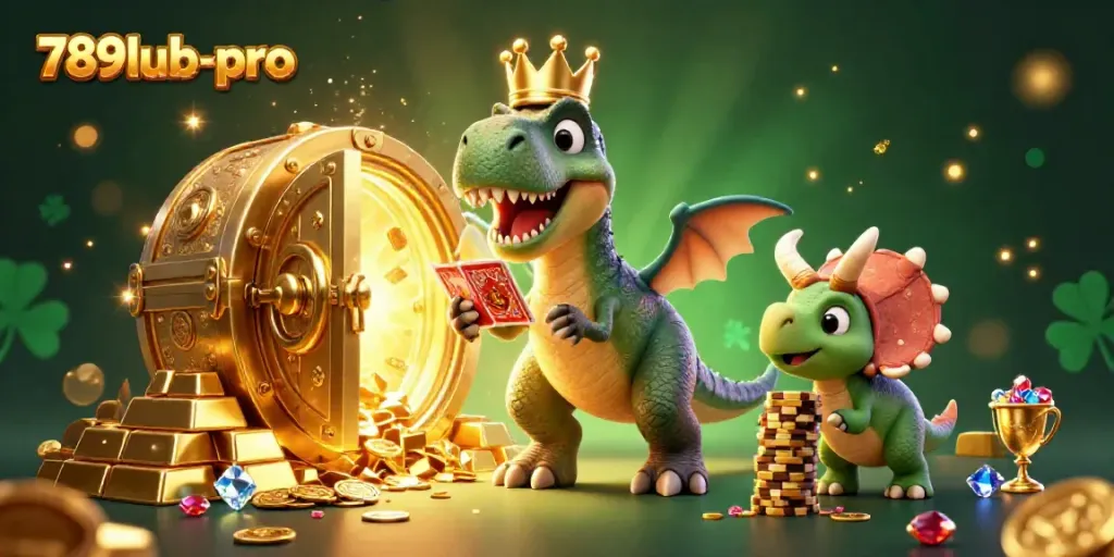 Engage with exciting gaming action at 789lub-pro featuring friendly dinosaurs surrounded by riches.