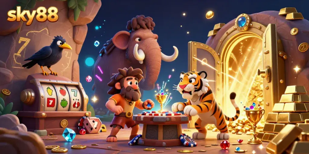 Experience the vibrant world of sky88 with a prehistoric casino scene featuring dynamic characters and gambling elements.