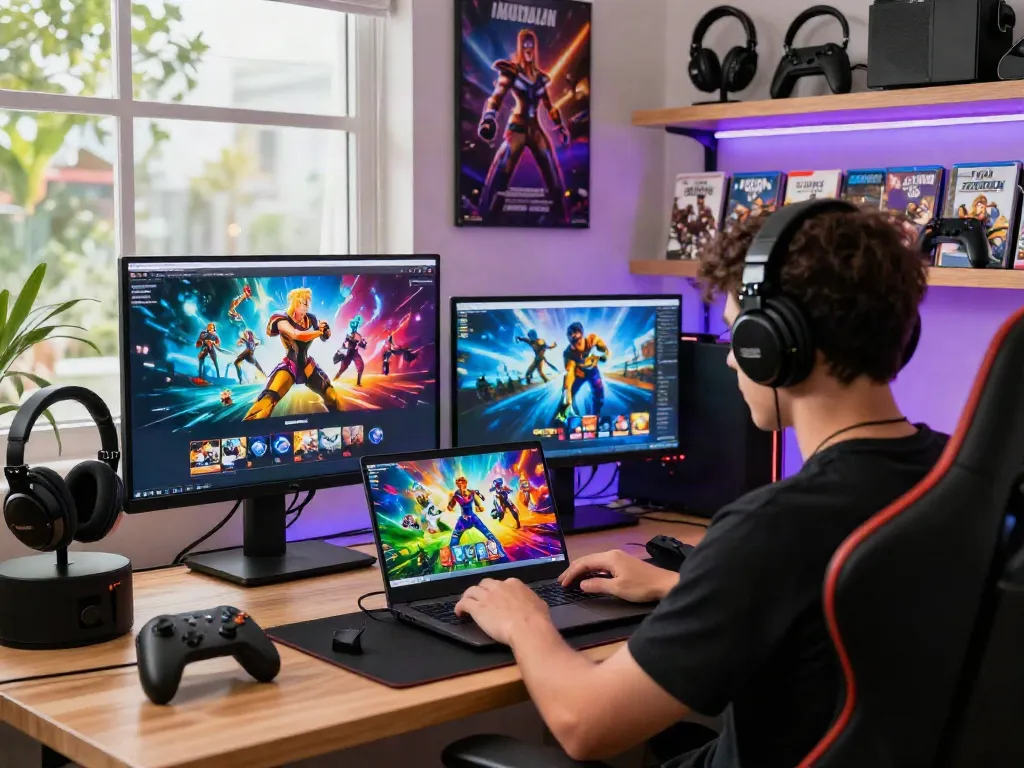 Shop at warung168 for the latest video games and accessories in a modern gaming setup.