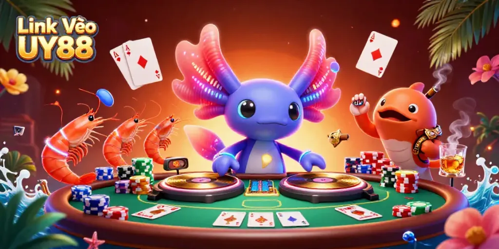 Engage in thrilling casino action with Link Vào UY88 featuring a colorful axolotl DJ and vibrant poker scene.